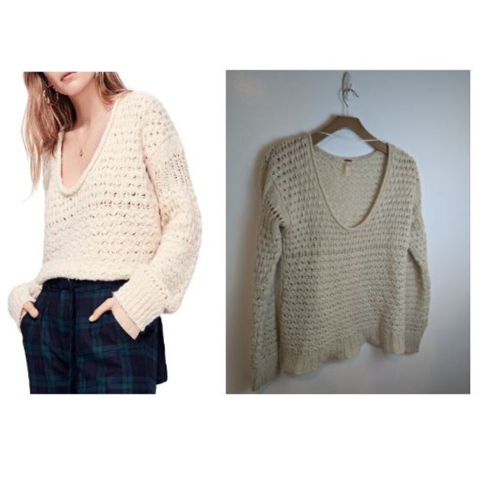 Free People Crashing Waves V-Neck Sweater in White, Sz S - Picture 6 of 6
